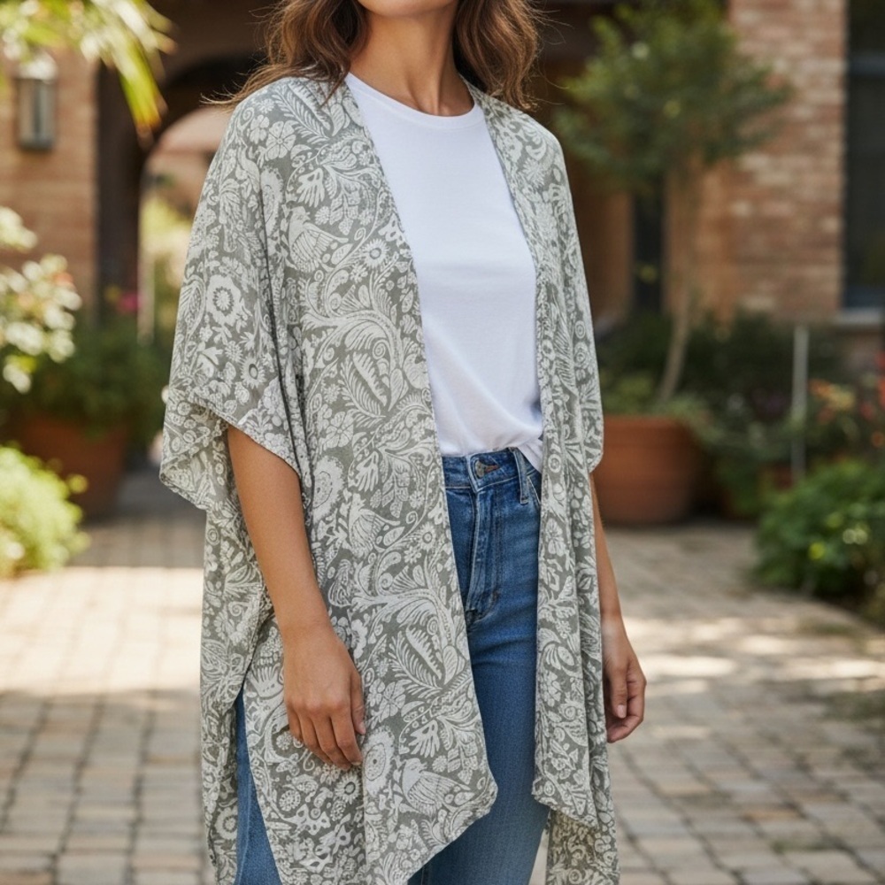 Elegant Gray Floral Kimono Cardigan